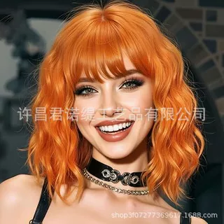 许昌假发带刘海波波头短卷发14寸高温丝仿真头皮短卷发假发可定制
