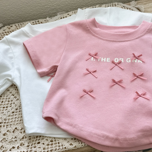 Kids Short Sleeve T-Shirt Summer Unisex Fashion Baby Girl Summer Outfit Base Shirt Girl with Bow Tie Clothing Trendy T-Shirt Top