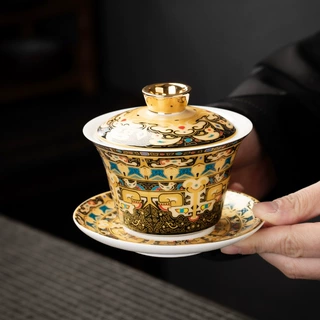 唐卡鎏金悬停盖碗中式珐琅彩陶瓷三才茶碗金错银茶壶描金敬茶碗