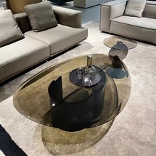 纯手工轻奢家具不锈钢椭圆形钢化玻璃茶几组合意式创意设计师家用
