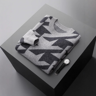 Cashmere Pullover Sweater Long-sleeved Thick Round Neck Jacquard Autumn and Winter New Round Neck Sweater Houndstooth Base Shirt