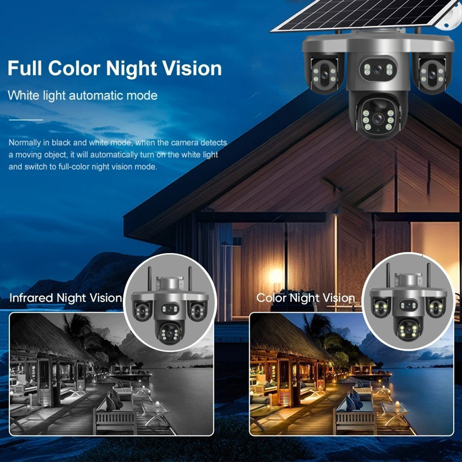 三摄像头三镜头三目太阳能监控摄像头三云台旋转4G低功耗防水无