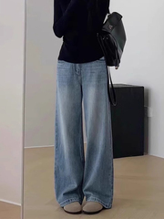 复古蓝高腰窄版阔腿牛仔裤女2025春秋新款小个子宽松显瘦直筒裤子