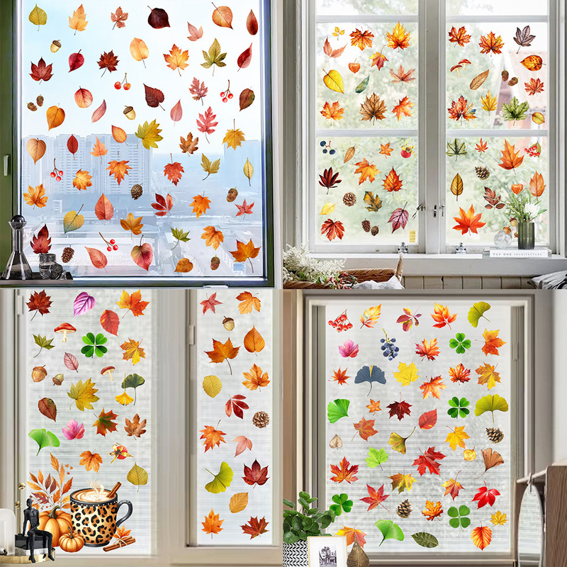 Kunshangpin Manufacturer's New Seamless Electrostatic Stickers Autumn Maple Leaf Coffee Cup Glass Door and Window Removable Decorative Stickers