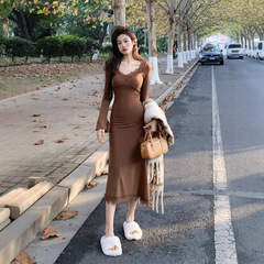韩系黑色V领蕾丝拼接长袖鱼尾连衣裙女秋冬收腰修身气质包臀长裙