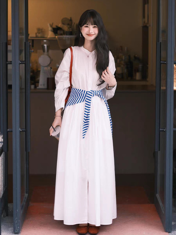 法式白色长袖衬衫连衣裙子女2025新款早秋气质高级感宽松显瘦长裙|undefined