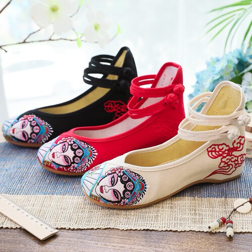 Chinese quintessence of Peking Opera facial makeup, Hua Dan embroidery, embroidered Oxford wedge-heeled soft-soled cloth shoes