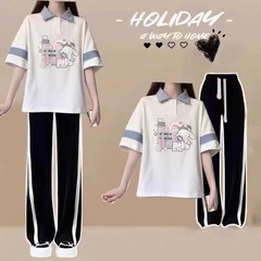 半袖tシャツセット女性2025新夏学院風polo襟カジュアル2点セット中学校学生服