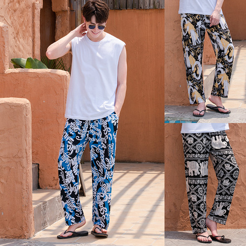 2025 New Men's Summer Beach Casual Slim Fit Home Sleep Pants Cotton Satin Pants for Middle-Aged and Younger Men