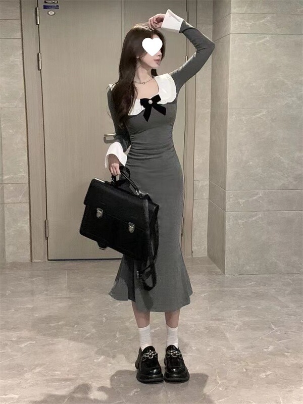 【配蝴蝶结】新款韩系娃娃领长袖修身连衣裙女显瘦包臀鱼尾长裙|undefined