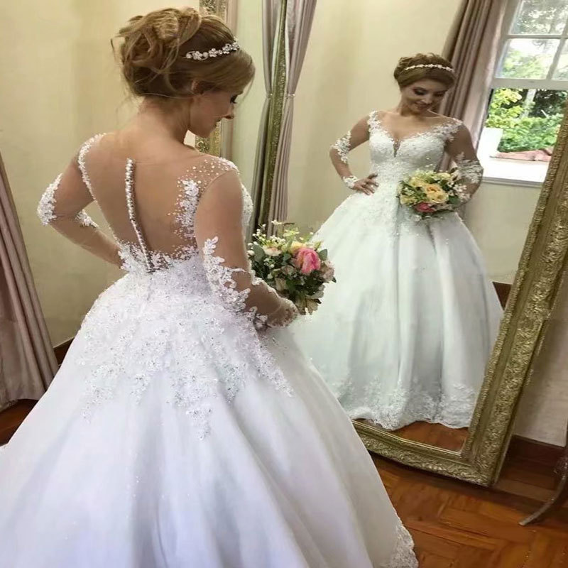 Comercio exterior europeo y americano Amazon AliExpress deseo nuevo vestido de novia vestido de noche cuello redondo encaje apliques manga larga vestido de novia