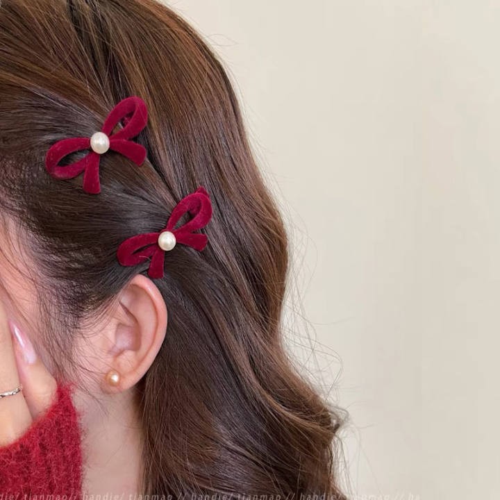 3#Cute pearl velvet bow 5cm (one pair)