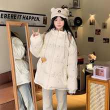 新款甜美韩系小熊连帽棉服外套女冬季波点宽松加厚棉衣保暖面包服