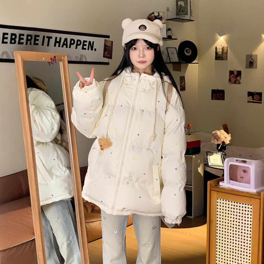 新款甜美韩系小熊连帽棉服外套女冬季波点宽松加厚棉衣保暖面包服