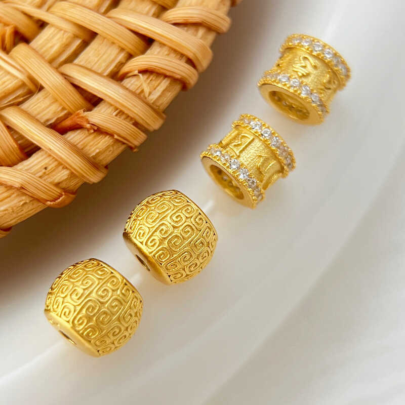 Sand Gold Plated 24K Gold Pattern Beads Inlaid with Diamonds Six-Character Mantra Transfer Beads DIY Accessories Spacer Beads Bracelet Braided Rope