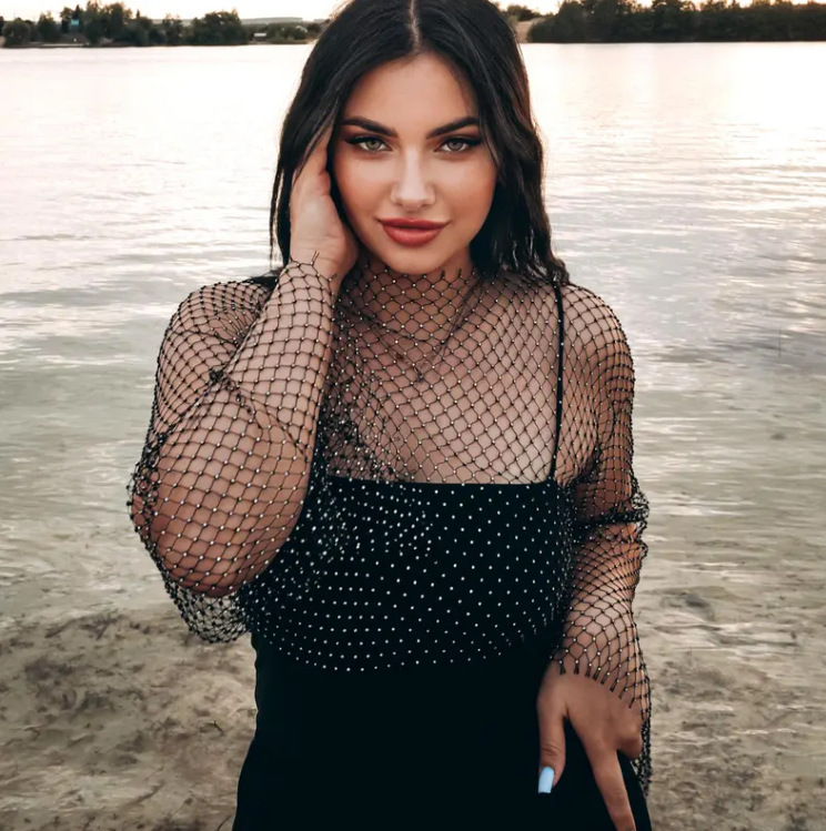 L4858Y Cross-border Women's Clothing European and American Fashion Rhinestone Grid Long Sleeve T-shirt Top Spice Girls Sexy Fishing Net Base Shirt