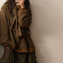 复古高级感小众设计套头加绒卫衣女冬季新款宽松慵懒风围脖上衣潮