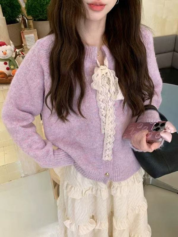 设计感蕾丝系带毛衣开衫女2025新款秋冬季慵懒风厚软糯针织外套|undefined