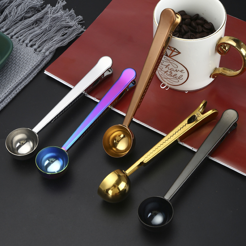 430 de acero inoxidable cuchara de leche en polvo clip de sellado bolsa de cuchara clip de sellado multifuncional dos en uno café con clip cuchara medidora