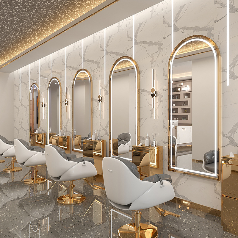 Barbería en línea tabla de espejo salón especial tipo pared simple barbería espejo de piso LED tabla de espejo de escaldado control táctil