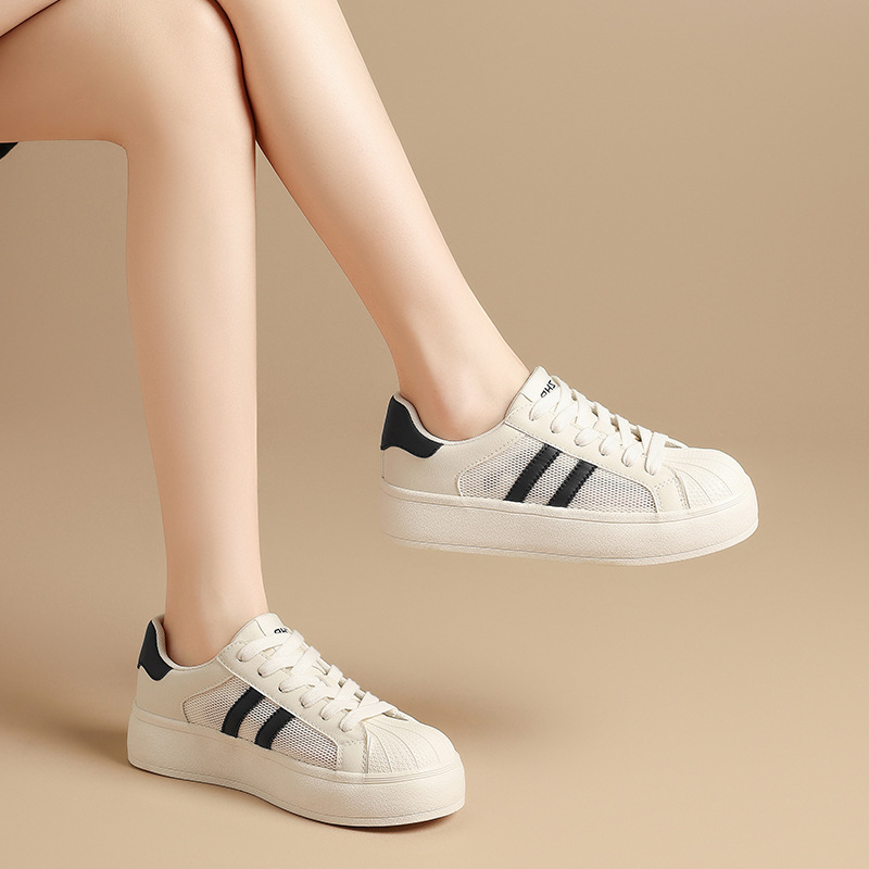 Giày sneaker nữ đế dày mũi vỏ sò, mặt lưới thoáng khí phong cách thể thao — KS120E màu đen