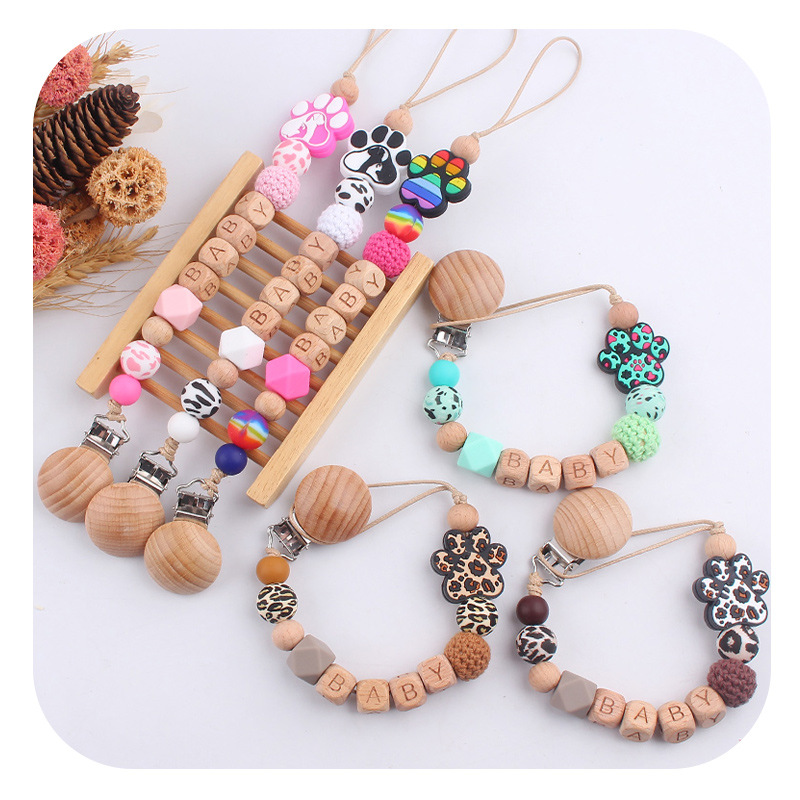 Nuevo clip de pezón de haya para bebé, dibujos animados, animal, garra de perro, cuentas de silicona, nombre de bebé de bricolaje, cadena de pezón, cadena anti-caída