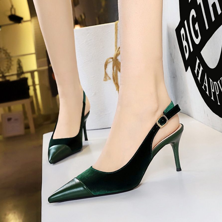 8315-A1 Banquet High Heels Backless Women's Patchwork Pointed Toe Shih Tzu Velvet Hollow Back Strap Single Shoes_vogvips.com