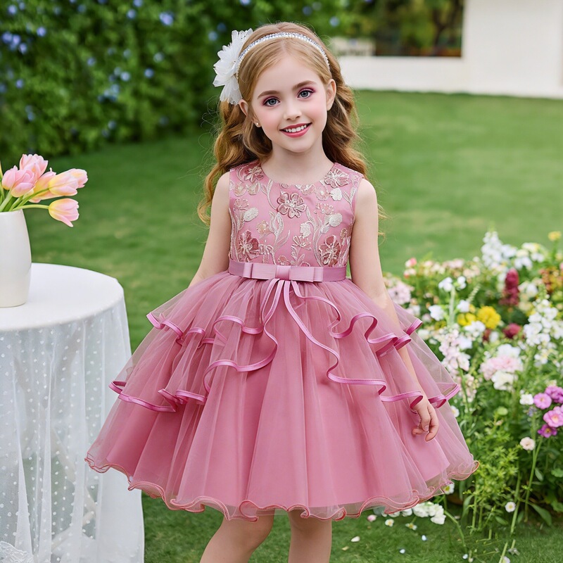 Cross-Border Hot-Selling Children's Dress Skirt Girls Mesh Tutu Skirt Red Children's Festival Performance Clothing Small Host Dress