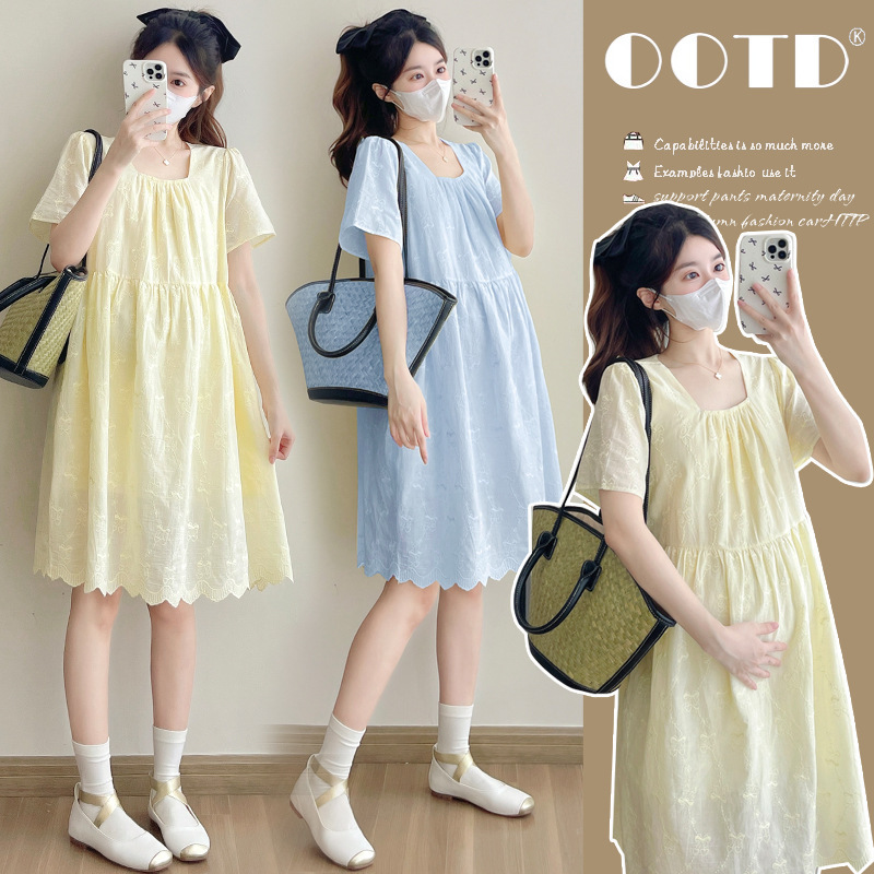 Maternity Wear Summer Fashion New French Style Age-Reducing Solid Color Floral Embroidery Square Neck Loose Trendy Mom Dress Maternity Wear Summer Fashion New French Style Age-Reducing Solid Color Floral Embroidery Square Neck Loose Trendy Mom Dress