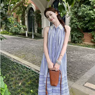 法式条纹无袖连衣裙女2025夏款新款气质减龄衬衫裙温柔显瘦中长裙