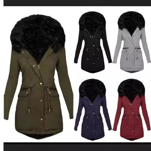 Q026 2022 new slim fit slimming European and American women's clothing solid color fur collar hooded mid-length warm zipper cotton-padded coat Q026 2022 new slim fit slimming European and American women's clothing solid color fur collar hooded mid-length warm zipper cotton-padded coat