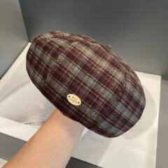 韩系ins格纹画家帽女秋冬复古显脸小八角帽秋冬保暖时尚贝雷帽子