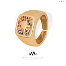 新款跨境高级感欧美风轻奢铜材质方形镶彩钻小星星开口戒指饰品女