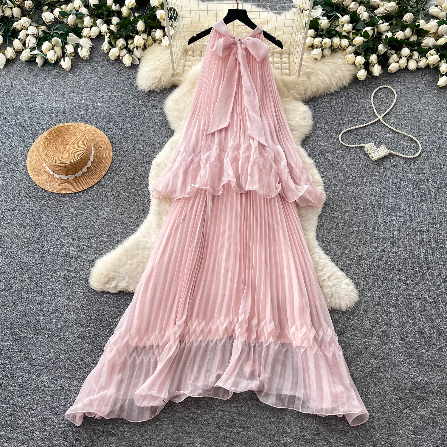 French Style Women's Halter Neck Dress Sleeveless Sweet Youthful Pleated High Waisted Cake Skirt Long Summer Fairy Vacation Dress_ecoleips.com
