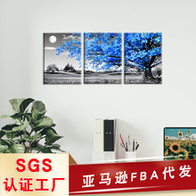 亚马逊蓝色树床头挂画 喷绘帆布艺术壁画 黑白月亮三联客厅装饰画