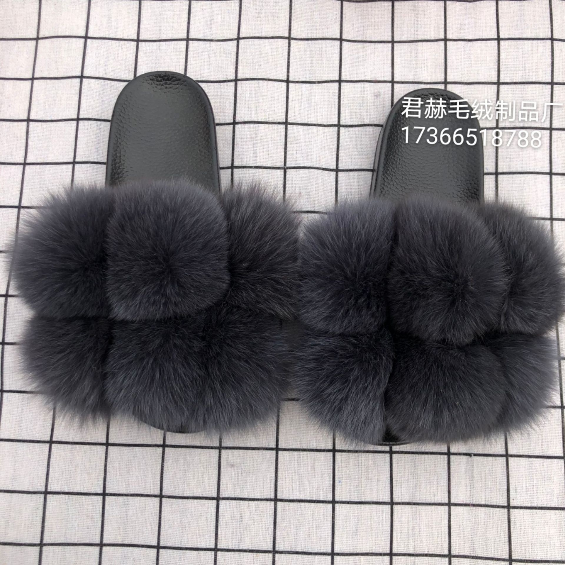 Zapatillas de bola de piel Zapatillas de bola de piel de ratón de zorro real Zapatillas de piel Zapatillas de piel Zapatillas de una palabra Sandalias y zapatillas