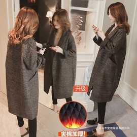 加棉秋冬季西装领茧型毛呢外套韩版千鸟格中长款女宽松呢子大衣潮