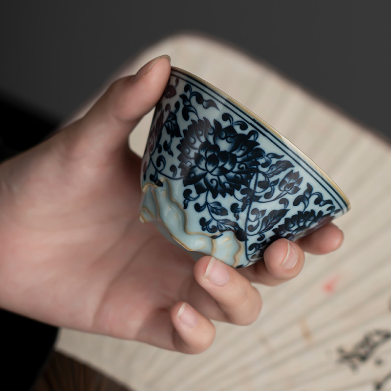 天青汝窑青花缠枝莲主人杯品茗杯开片可养功夫茶杯单杯个人杯子|undefined