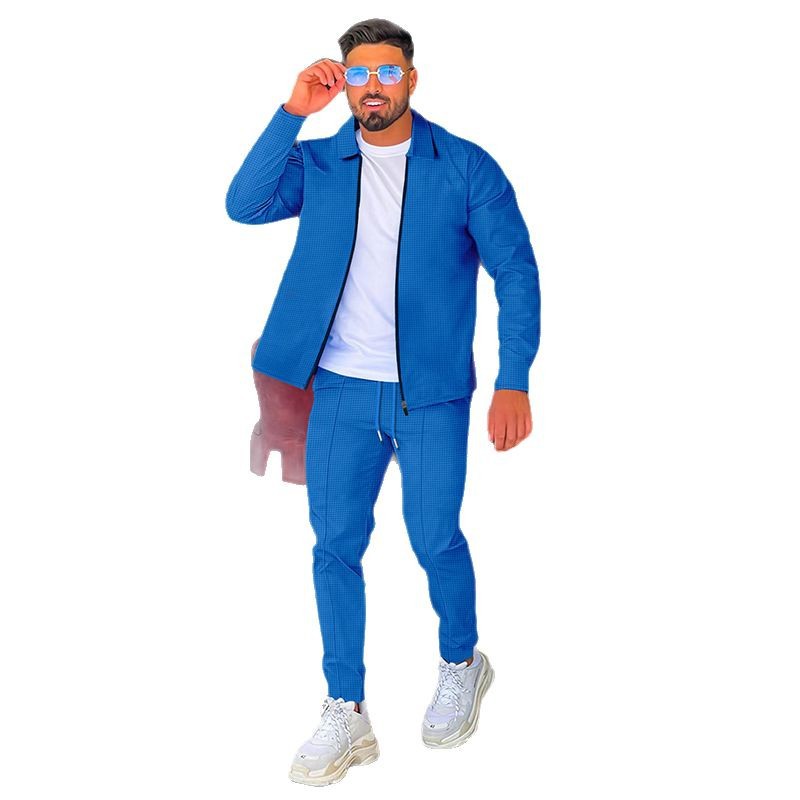 2024 Comercio exterior primavera y otoño nuevo traje de manga larga waffle Amazon solapa cremallera cardigan casual conjunto de dos piezas