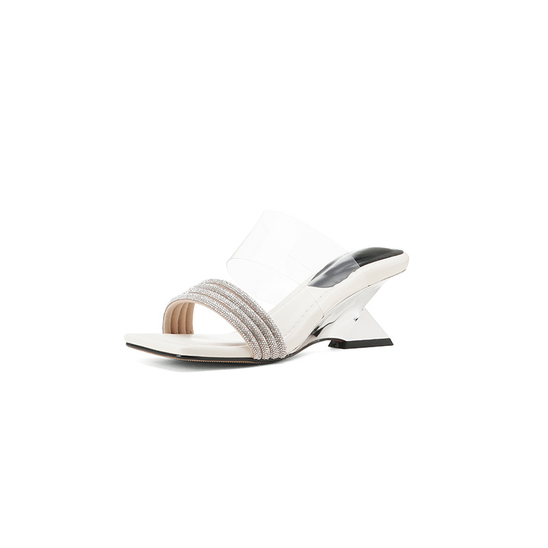 Sandal cao gót nữ mũi vuông đính đá, quai ngang trong suốt, gót 6 cm — đen