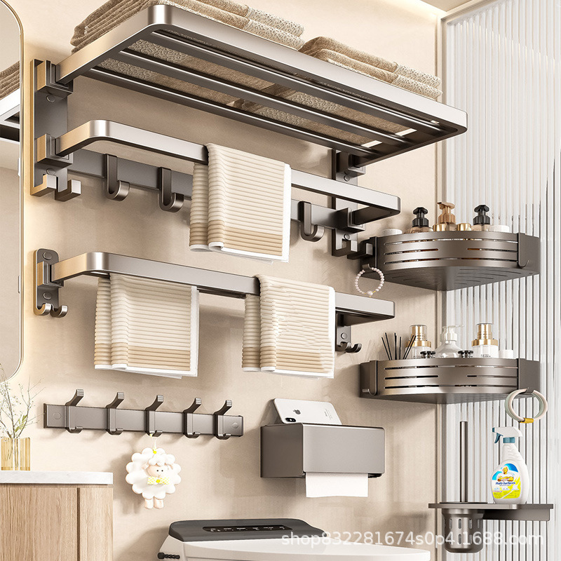 Towel Rack, Punch-Free Bathroom Storage Rack, Gun Gray Wall-Mounted Aluminum Alloy Bathroom Toilet Storage Rack