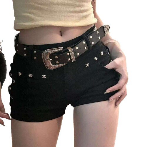 American hot girl bag hip small black pants, solid color zipper washed design, super shorts, women's low-waist, slim trendy shorts, women