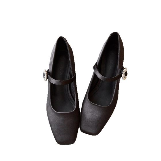 Rhinestone Thick Heel Shoes Women's 2025 Spring French Retro Fragrant New Square Toe Silk Shallow Mouth Single-layer Shoes for Women