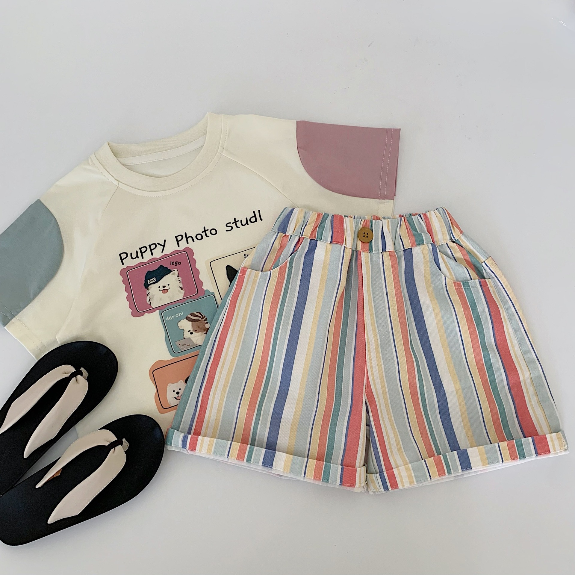 Traje para niños Maibao 2025 verano nuevo estilo coreano niños y niñas dibujos animados estilo occidental traje de dos piezas ropa de verano para niños
