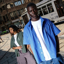 跨境mertra男士落肩夏季新款小格子短袖衬衫薄款外套上衣宽松休闲