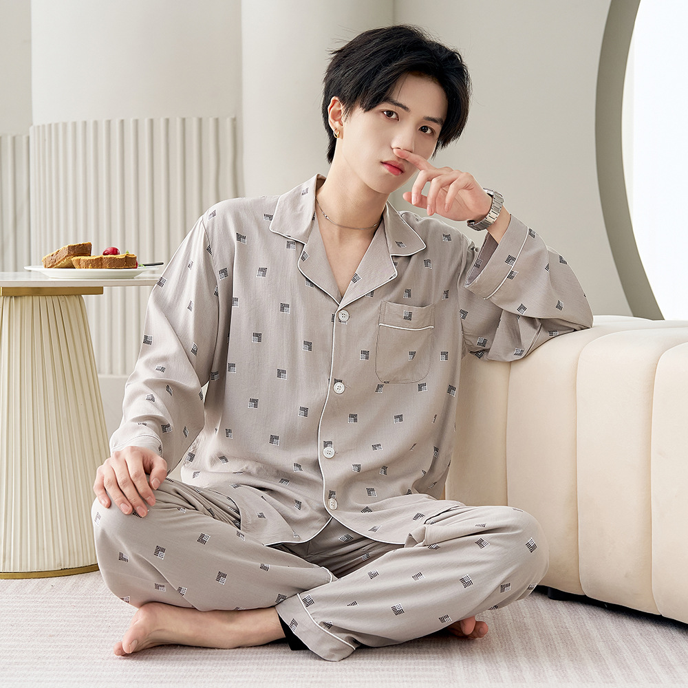 새로운 봄, 가을 남성용 면 실크 잠옷, 긴팔 얇은 일본식 학생용 인조면 홈웨어, 제조업체 도매