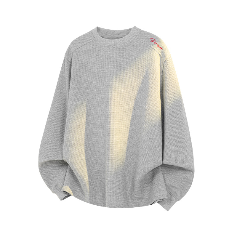 American-style Waffle Long-sleeve T-shirt For Men, Spring Honeycomb Red Label Embroidered Sweatshirt, Trendy Brand,_voghion.com
