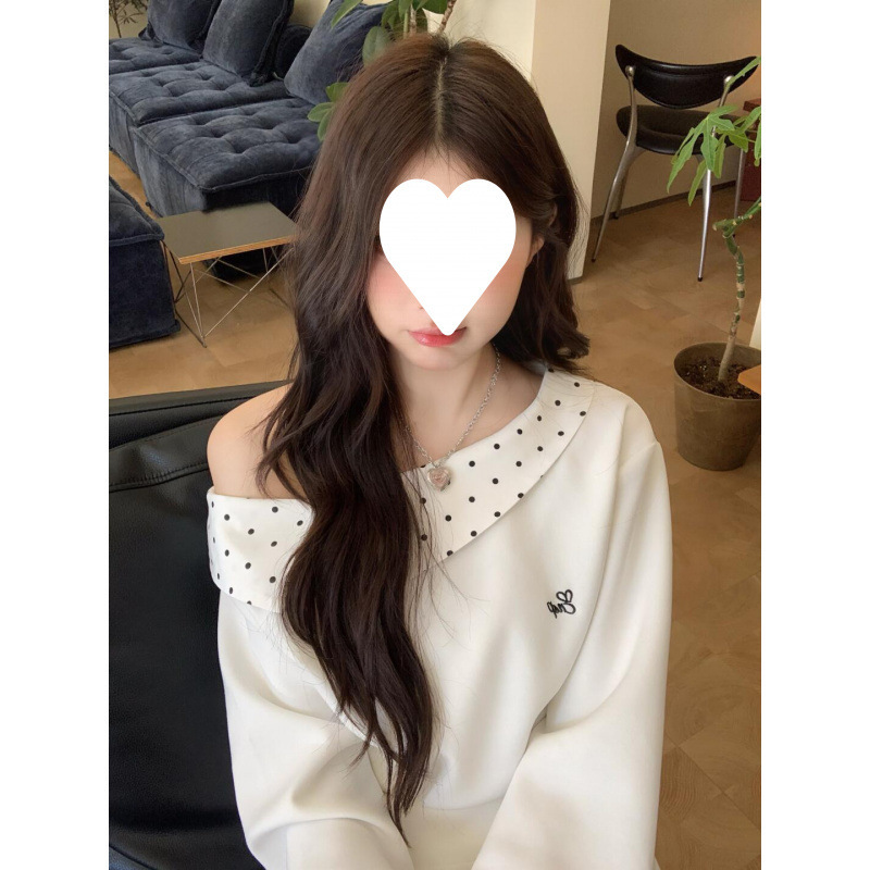 斜露肩刺绣卫衣女春秋2025新款修身波点拼接辣妹设计感短款上衣潮|undefined