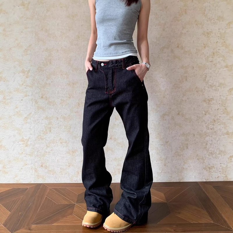 Trendy Foreign Trade Fashion Red-Edged Raw Denim Color-Blocked Micro-Flared Jeans for Men and Women, American Retro Straight-Leg Slimming Pants