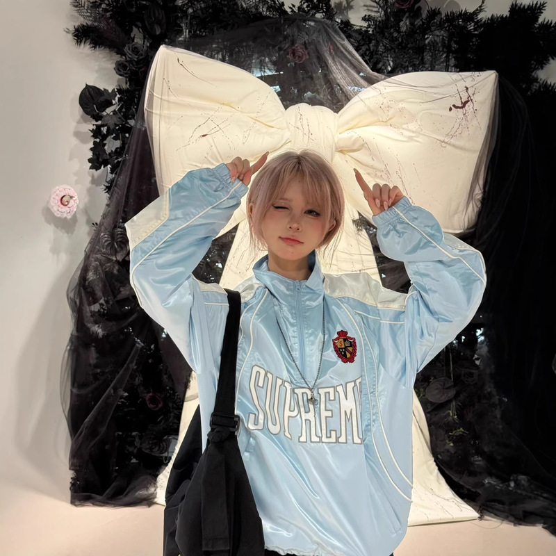 26Fw Cross-Border Sup Front Logo Pullover Satin Embroidered Half-Zip Stand Collar Couple's Jacket Sweatshirt